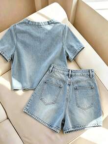 Franclia Women's Solid Color Round Neck Short Sleeve Top And Pocket Button Shorts Casual Daily 2-Piece Set - Blue - View 2