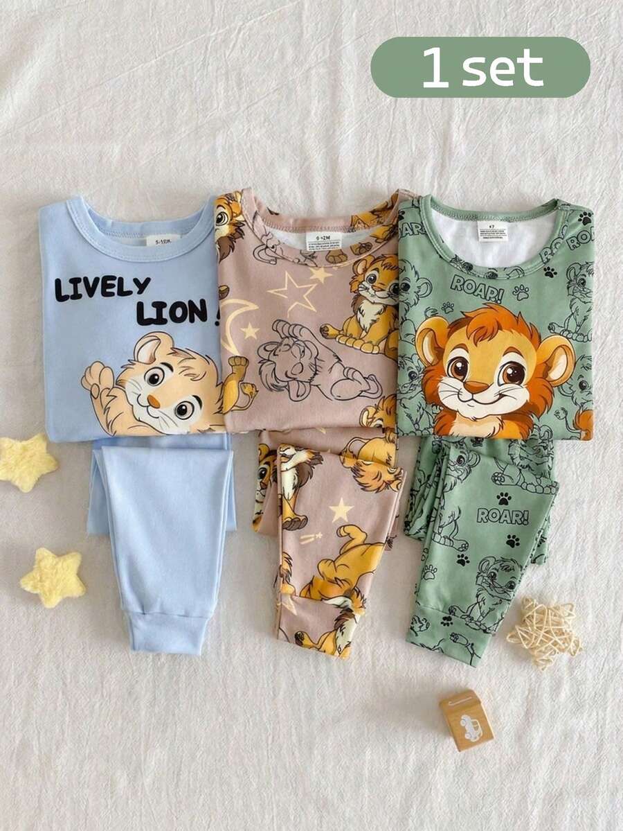 SHEIN 2件組 秋冬男童幼兒穿著,可愛小獅子印花,嬰兒藍,柔軟高彈性貼身長袖褲套裝,舒適室內穿 - 綠色 - 查看 1