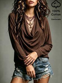 SHEIN Vintage Coffee Brown Micro-Crinkled Texture Fabric Deep Draped Neck Multi-Layer Draped Ruffle Loose Straight Fit 3/4 Sleeve Side-Gathered Solid Color Top - Coffee Brown - View 5