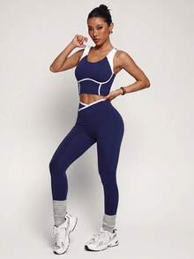 SHEIN Dewbera 1 Set Navy Blue White Contrast Seamed Racerback Sports Set, Slim Fit, Suitable For Yoga, Fitness, Workout, Summer - Navy Blue - View 3