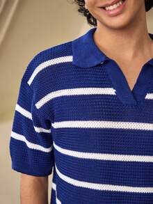 Whitmere Spring/Summer New Striped Knit Polo Shirt For Men, Contrast Color Seagull Collar, Textured Short Sleeve, Retro Casual Commute Business Sports Loose Fit Slimming Top - Blue - View 8