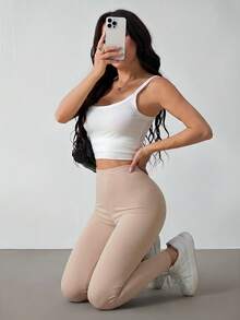 SHEIN PETITE 女款純色高腰休閒百搭內搭褲 - 駝色 - 查看 7