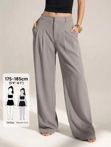 SHEIN Tall 「Old Money Style」性感商務休閒高腰百褶寬腿長褲，優雅素色寬鬆修身女款上班通勤工作褲 - 灰色 - 查看 7