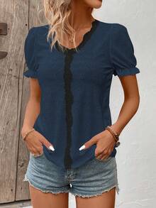 EMERY ROSE Women's Summer Casual Mesh Embroidered Lace Patchwork T-Shirt - Navy Blue - View 6