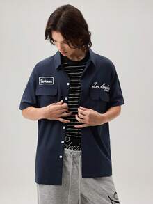 Manfinity Streetrush Men's Loose Fit Utility Pocket Design Casual Shirt, Blue Button-Up Short Sleeve Multi Streetwear - Navy Blue - View 6
