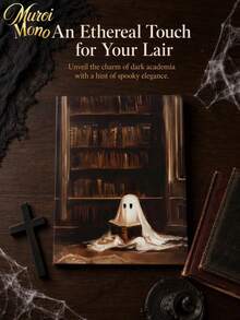 Muroi Mono 1pc Dark Academia Canvas Wall Art, Retro Painting Of Cute White Ghost Reading Book In Old Library, Gothic Spooky Art Print Poster, Home Aesthetic Wall Hanging Decor For Living Room Bedroom Halloween Decor - multicolor - View 8