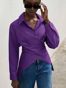 Aveloria Modichic Solid Criss Cross Wrap Front Shirt Workwear  - Purple - View 2