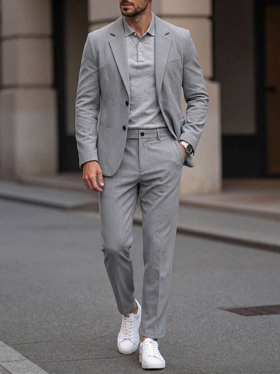 Manfinity Mode Men's Lightweight Casual Suit Set, Including Jacket And Trousers, Slim Fit, Suitable For Spring, Summer And Autumn Wear - Grey - View 1