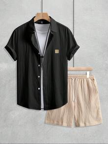 Manfinity Homme 男士純色簡約短袖襯衫與短褲套裝，適合日常穿著的夏季穿搭，卡其色，送給男友或丈夫的絕佳禮物，正式款 - 黑色 - 查看 3