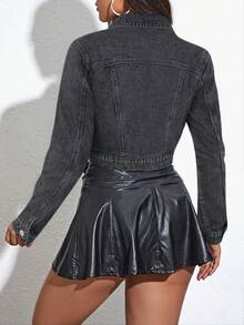 Flexra Women's Long Sleeve Single-Breasted Casual Denim Jacket Travel Dark Grey Autumn Day Time Holiday - Dark Grey - View 2