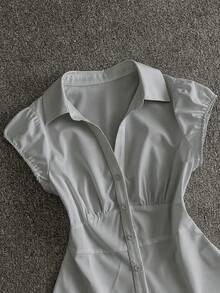 IslaSuriya 女款素色百褶休閒百搭日常穿著襯衫 - 灰色 - 查看 3