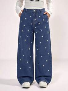 Tween Girl Denim Summer Jeans, Washed Distressed Vintage Style, Sweet Floral Embroidery Design Straight Leg Wide Leg Denim Pants - Light Wash - View 8