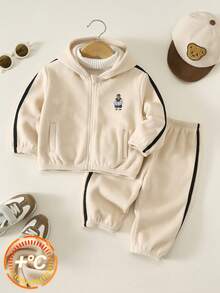 SHEIN 2pcs Baby Boy Baby Girl Baby Boy Contrast Color Woven Tape Small Stand Collar Long Sleeve Fleece Jacket & Elastic Waist Long Pants Set Suitable For Autumn And Winter - Multicolor - View 4