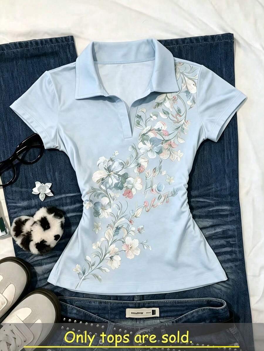 IslaSuriya 女款 POLO 領修身 T 恤,休閒極簡優雅風,適合日常休閒穿著,短袖上衣,夏季新款時尚上衣,花卉圖案 T 恤上衣 - 彩色 - 查看 1