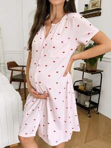 Moonlight&Mama Pink & White Fine Vertical Striped All-Over Print Small Red Heart V-Neck Front Button Loose Short Sleeve Maternity Nightgown Loungewear - Pink - View 3