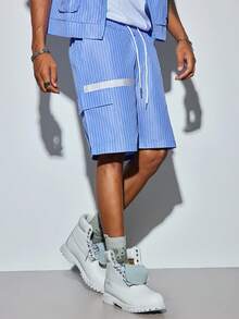 Modcrash Mens Summer Striped Outfit Set, Lightweight Short Sleeve Shirt And Elastic Waist Cargo Shorts - Blue - View 8