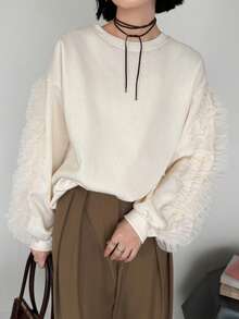 FRIFUL Women's Early Autumn New Korean Style Patchwork Sheer Mesh Ruffle Pleated Sweatshirt - Beige - View 3