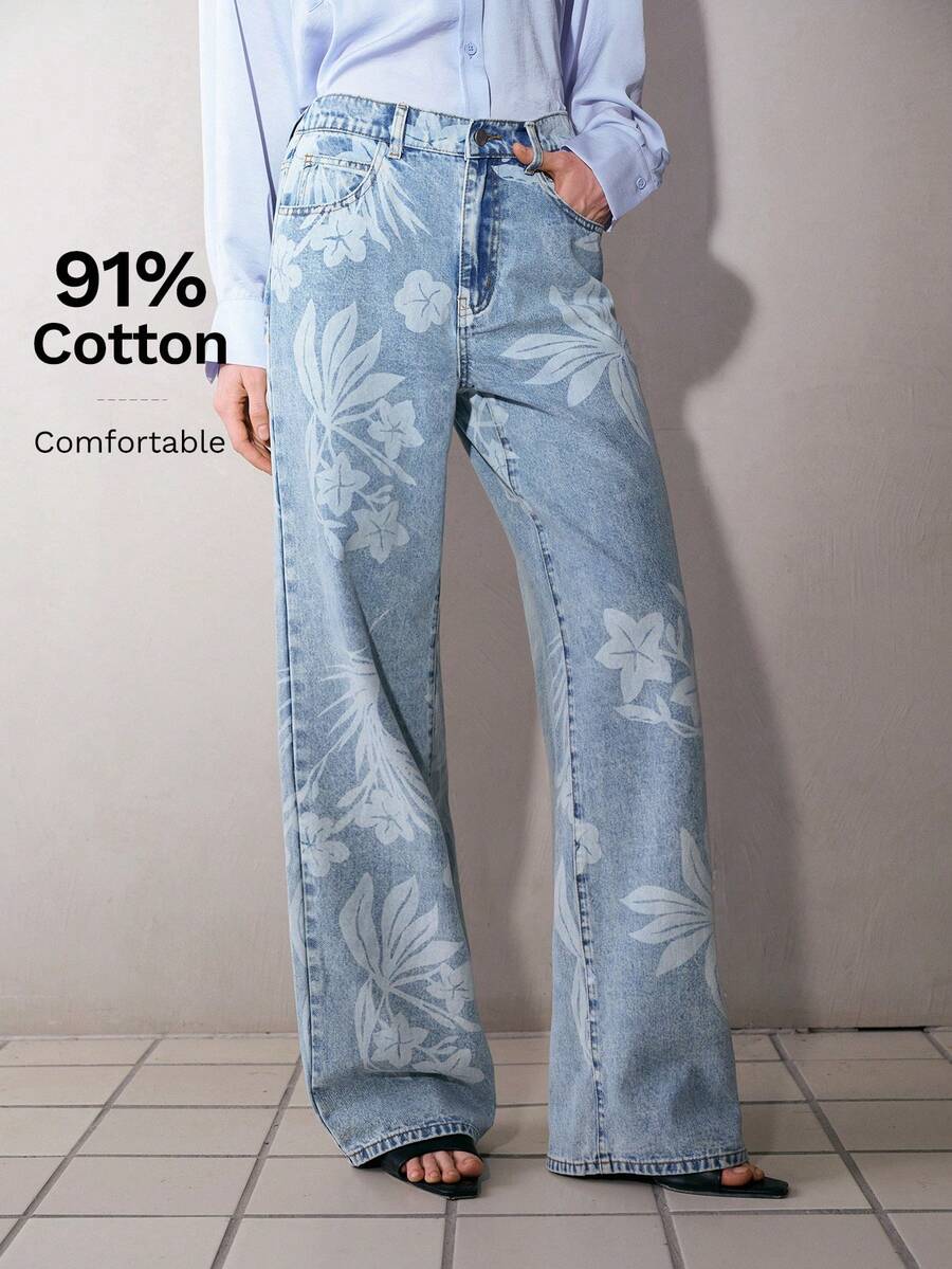 MOTF PREMIUM WOMEN'S CASUAL FLORAL PRINT STRAIGHT LEG JEANS - Blue - View 2