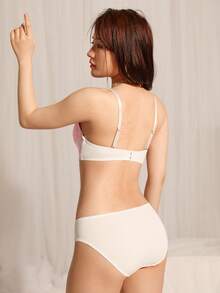 DelicateAllure Women's Push-Up Molded Cup Contrast Color Lace Splice Bra And Panties Set - Pink - View 2