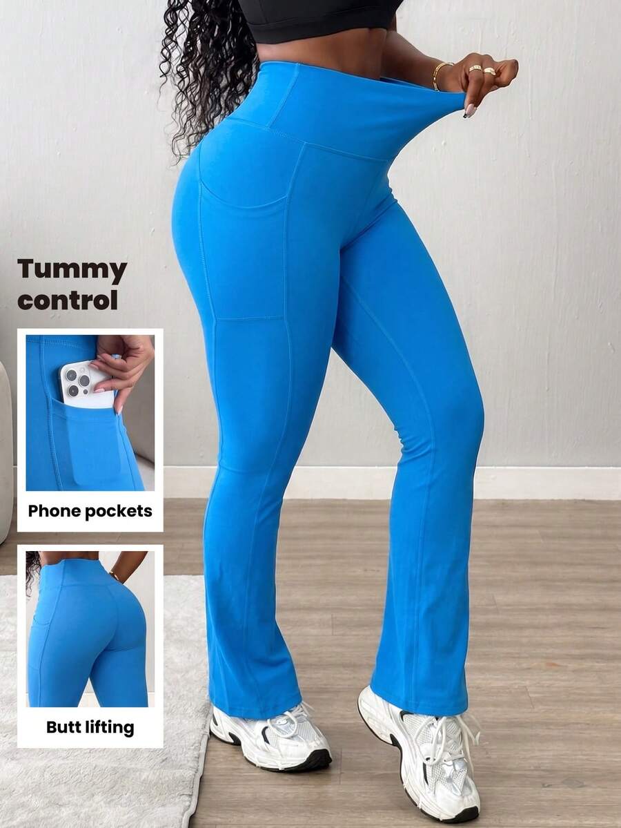 SHEIN Core Rhythm Women's Solid Color Casual Low Waist Athletic Versatile Daily Travel Sports Long Pants Gym Pilates Blue Summer - Blue - View 1