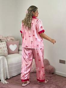 Slumberry CURVE Plus Size Comfortable Striped Bow Pattern Printed Short Sleeve Top And Long Pants Pajama Set - Hot Pink - View 2
