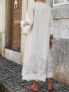 Elouméa Women's Spring/Summer French Casual Solid Color V-Neck Faux Lace Print Patchwork Lace Trim Loose Mid-Sleeve Dress, Suitable For Daily Wear And Home - Apricot - View 2