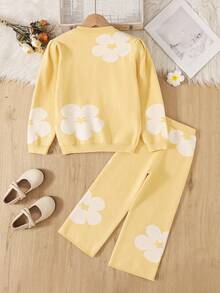 Young Girls Sweater Co-Ords Sweet Heavy Embroidery 3D Bow Frill Trim Knit Cardigan + Pants 2 Pieces Set Loose Versatile Elegant Knit Sweater Set Gentle Cute Long Sleeve Sweater Set Suitable For Daily Wear, Travel, Outings, Autumn/Winter - Multicolor - View 2
