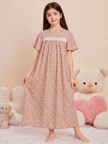 SHEIN 少女小碎花休閒睡裙居家服 青少年睡衣連身裙 蕾絲細節睡裙 - 杏色 - 查看 4