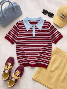 Comfortcana Women's Striped Short Sleeve Polo Collar Casual Knit Top - Multicolor - View 7
