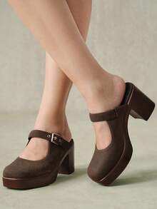 Styleloop Outdoor Women's Square Toe Pu Bottom Fleece Fabric, Fashionable, Simple, Breathable And Comfortable Party Buckle Style, Exposed Heel Shoes - dark brown - View 1