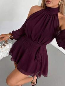 Auralis Plus Size Women's Solid Color Open Shoulder Long Sleeve Fashion Dress Wedding Vacation Wedding Guest Outfits Beach Burgundy Autumn Elegant Formal Fall - Burgundy - View 5