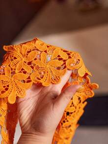 SilkySpell 大尺碼女款婚禮蕾絲飾邊刺繡圖案性感優雅純色緞面睡裙，焦橙色秋季款 - 橘色 - 查看 8