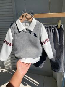 3pcs/Set Baby Boy Autumn/Winter Preppy Casual Vest Shirt Pants Set, 3 Pieces Outfit, Infant Outfit, Jacket Set, Shirt Set - Multicolor - View 8