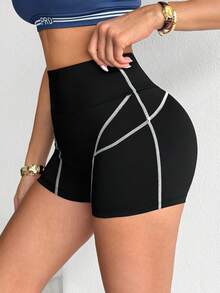 SHEIN Dewbera Women's Colorblock High Waist Casual Daily Outdoor Sports Shorts - Black - View 1