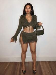 Slaydiva Women Army Green Fringe Knit Two Piece Set V‑Neck Cropped Cardigan Drawstring Mini Skirt Matching Outfit Club Party Holiday Tassel Matching Going‑Out - Army Green - View 6