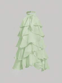 Skyraze Vestido mini blanco con cuello halter, cuello alto y volantes multicapa - Verde - Ver 4