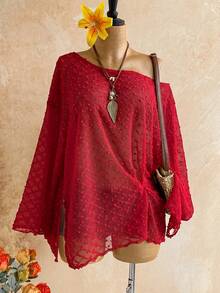 Soleia Long Sleeve Asymmetrical Shoulder Knit Jacquard Loose Fit Split Hem Top - Red - View 5
