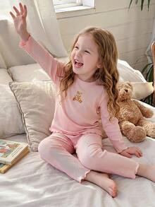 Girls Toddler Bear Print Pink Ribbed Long Sleeve Pants Pajama Set Pull Loungewear Autumn/Winter Festival Outfits - Baby Pink - View 7