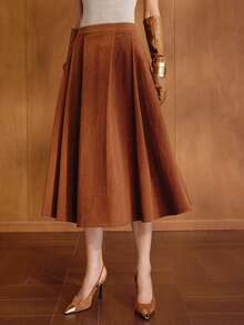 MOTF PREMIUM WOMEN'S AUTUMN/WINTER CORDUROY SOLID COLOR FOLD PLEATED SKIRT - Brown - View 2