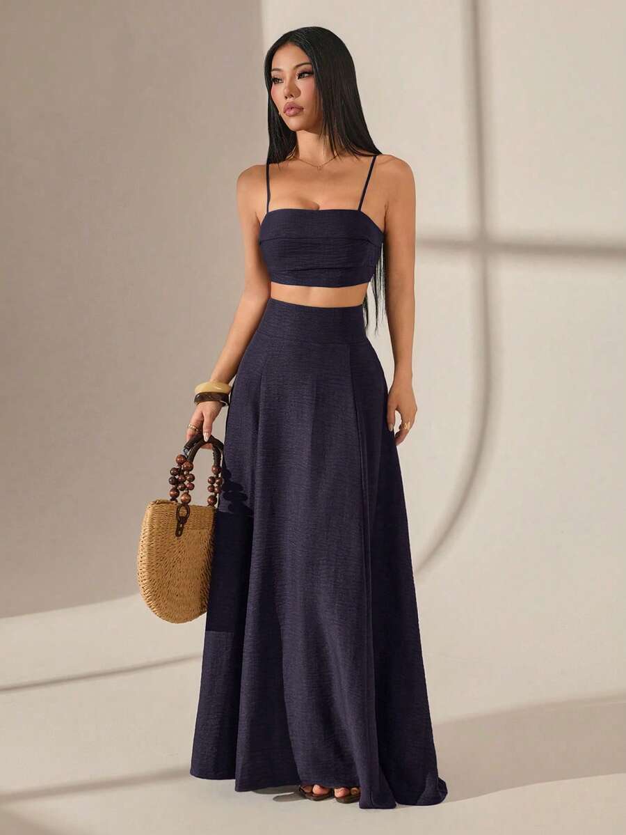 SHEIN PETITE 女款純色短版細肩帶背心上衣與裙子時尚兩件套 - 淺灰紫 - 查看 1