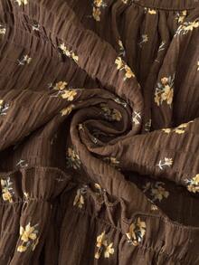 Elaquor Plus Size Women's All-Over Print Pleated Long Sleeve Top And Pants Casual 1920 Vintage Daily Vacation Going Out 2 Pieces Set Floral Summer Brown - Mocha Brown - View 8