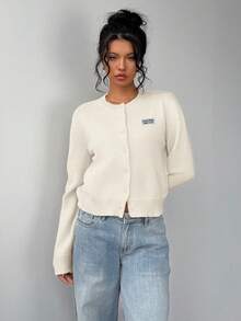 SHEIN BASICS Off-White 女款開襟衫，適合夏季，女款秋冬毛衣，女款秋季服飾，秋季穿搭，女款通勤穿搭，基礎上衣，外出穿搭，機場穿搭 - 彩色 - 查看 4