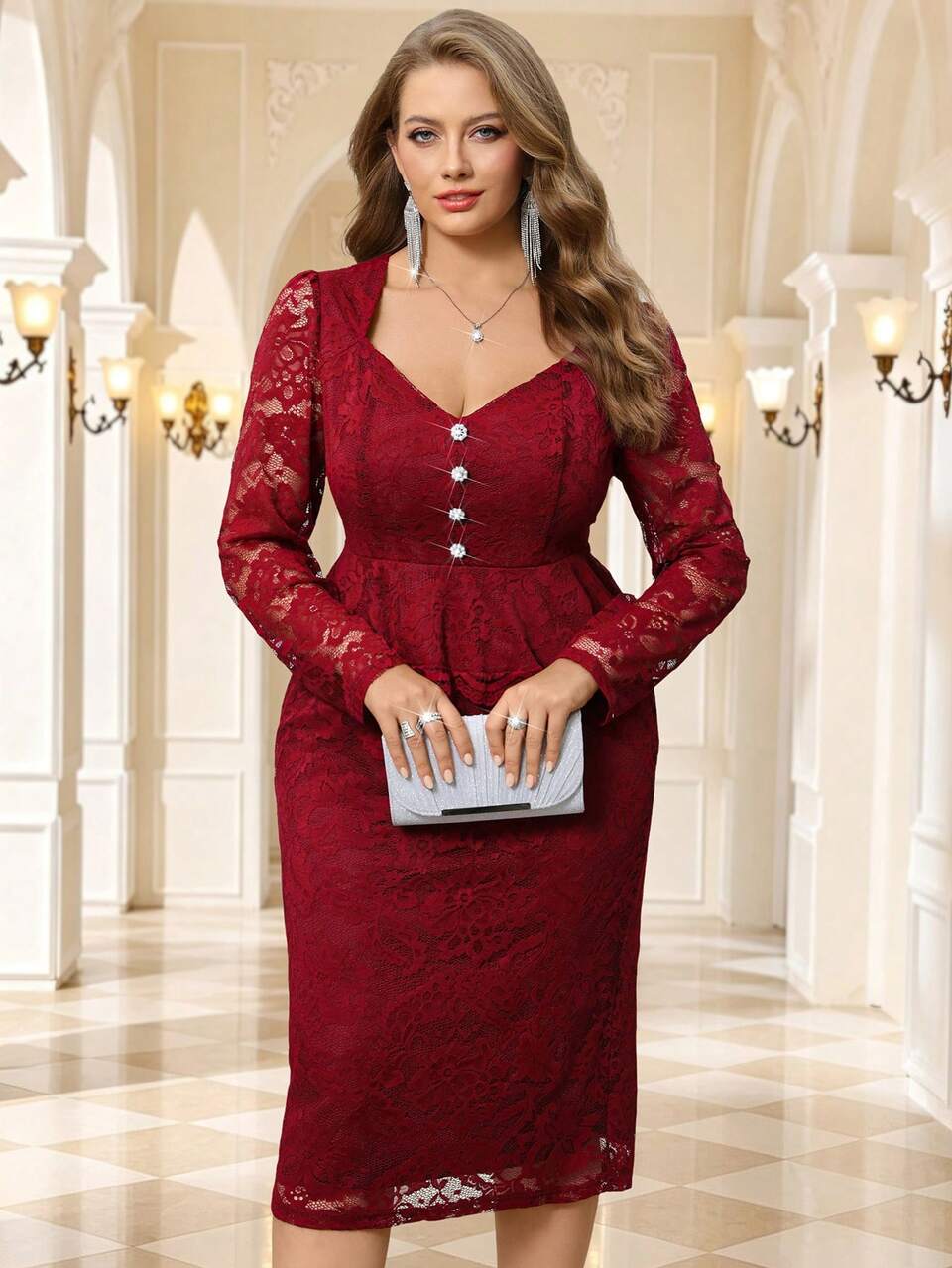 2 Pcs Set Plus Size Women's Autumn/Winter Elegant Party Burgundy Lace Peplum Top And Skirt 2 Pieces Set,Wedding, Festival,Fall,Christmas,Date Night