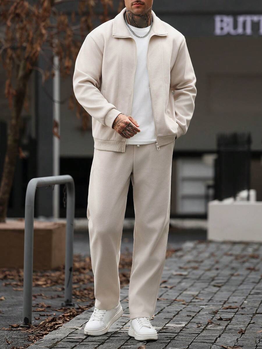 Manfinity CasualCool Men's Solid Color Zip-Up Long Sleeve Jacket And Pants Casual Daily Set - Apricot - View 1
