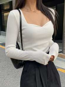 DAZY 女款純色休閒百搭日常長袖T恤 秋季 - 白色 - 查看 1