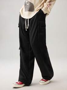 Vaulklash Loose Fit Men's Cargo Pants With Flap Pockets, Side Drawstring Waist, Fall Wide Leg - Black - View 5