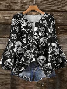 EMERY ROSE Plus Size Women's All-Over Print Casual Versatile Daily Wear Shirt Halloween - Multicolor - View 1
