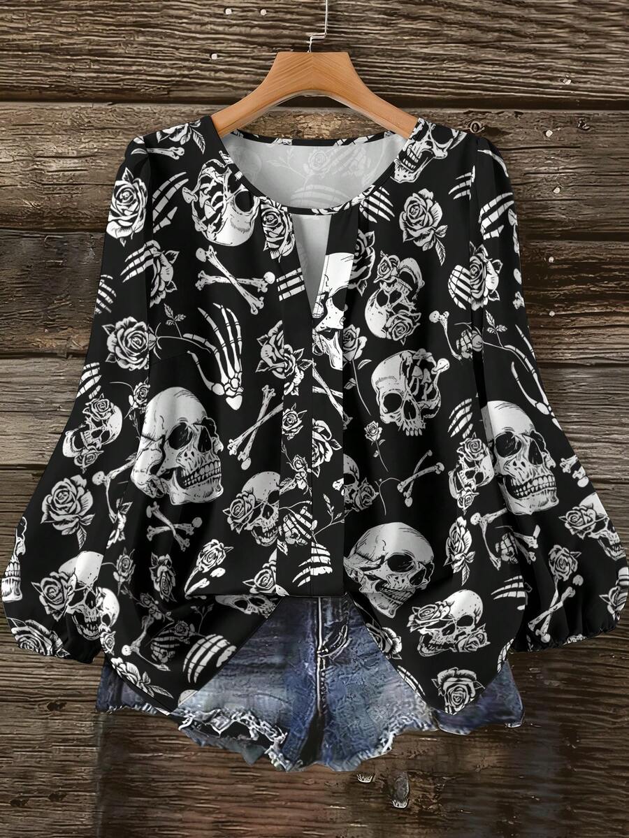EMERY ROSE Plus Size Women's All-Over Print Casual Versatile Daily Wear Shirt Halloween - Multicolor - View 1