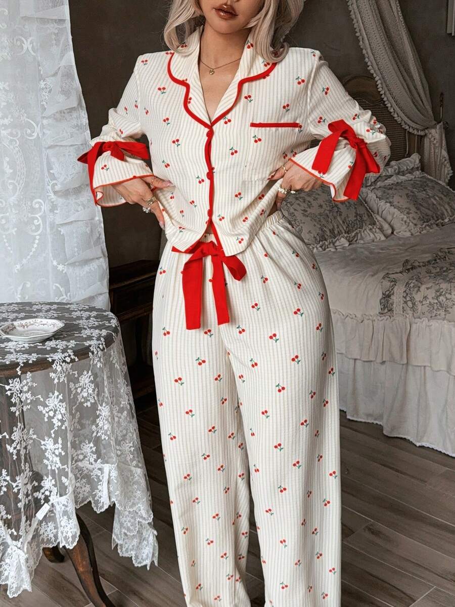 CottageSlumber Red And White Checkered Cherry Print Pajama Set, Sweet Tie Bow Cuffs Ruffle Hem Long Pants Loungewear 2 Pieces Set Sleep Autumn Cute Kawaii - Multicolor - View 1