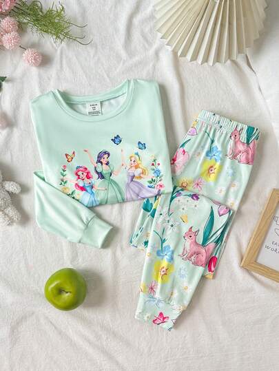 SHEIN Tween Girls Elegant Princess Pattern Long Sleeve Long Pants Knit Pajama Set, Fitted, Autumn/Winter/All Season Wear